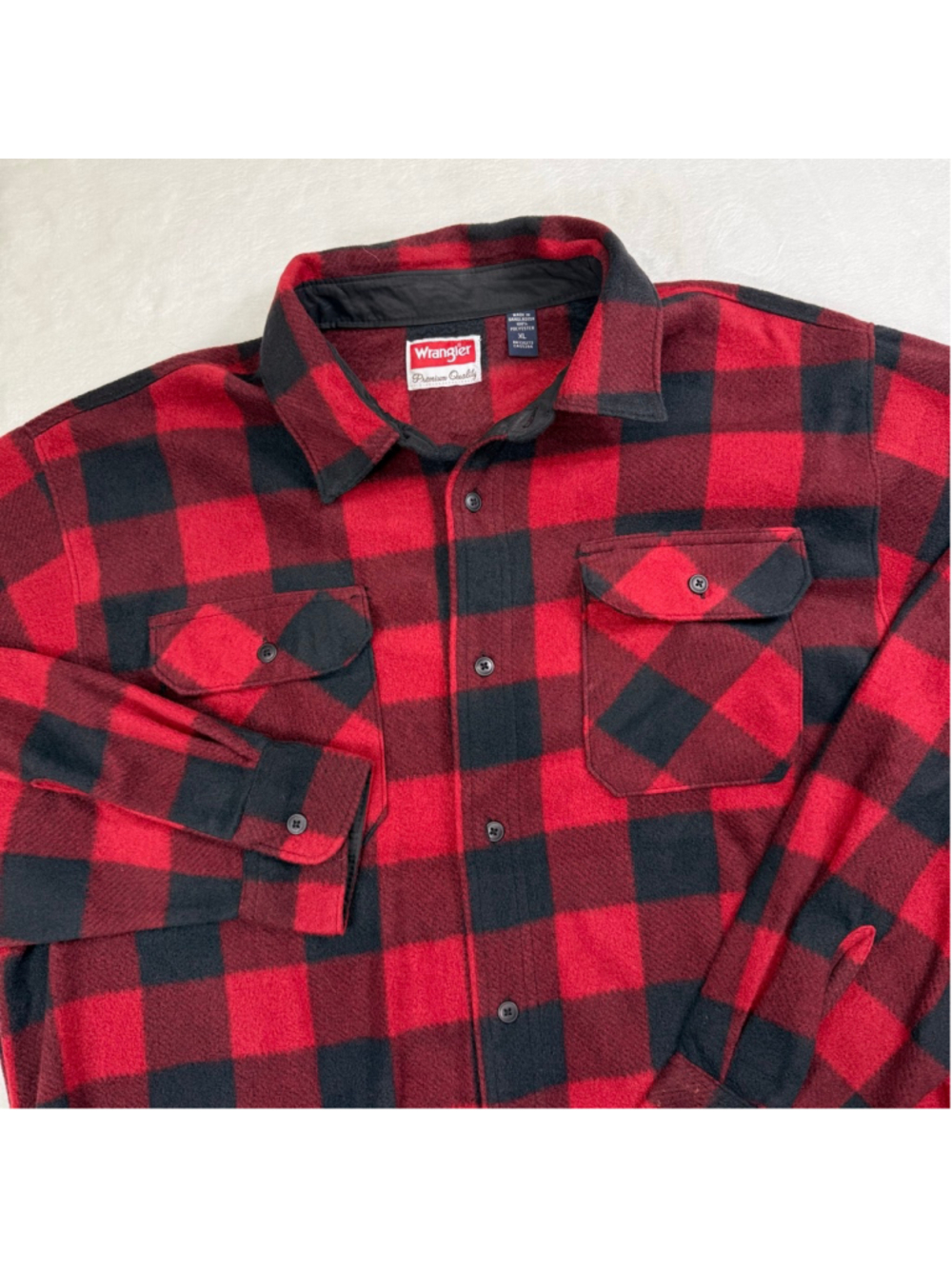 Men's Wrangler Red Black Plaid Fleece Casual Button Down Shirt XL